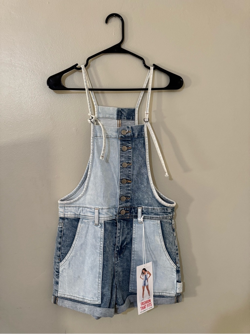 Celebrity Pink Two-Tone Light & Dark Wash Denim Short Overalls